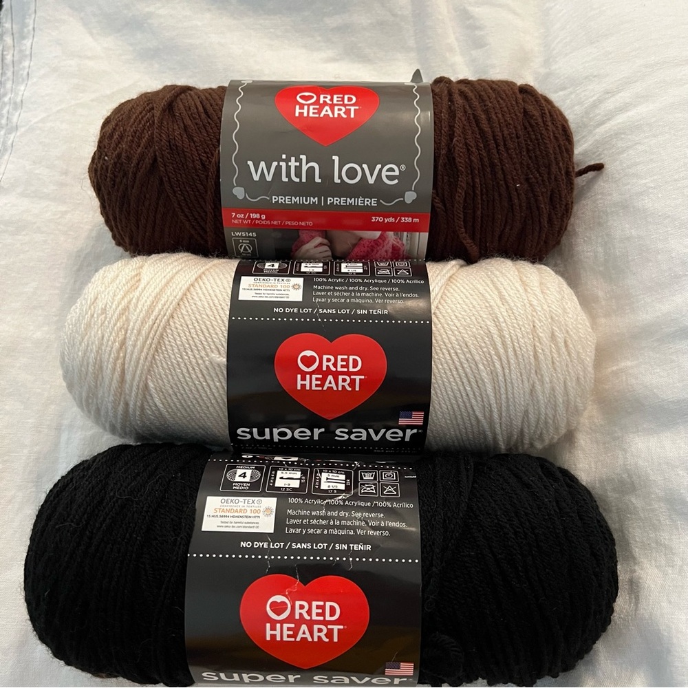 Red Heart Yarn Bundle - 3 Skeins (Black, Ivory, Brown) Super Saver & With Love